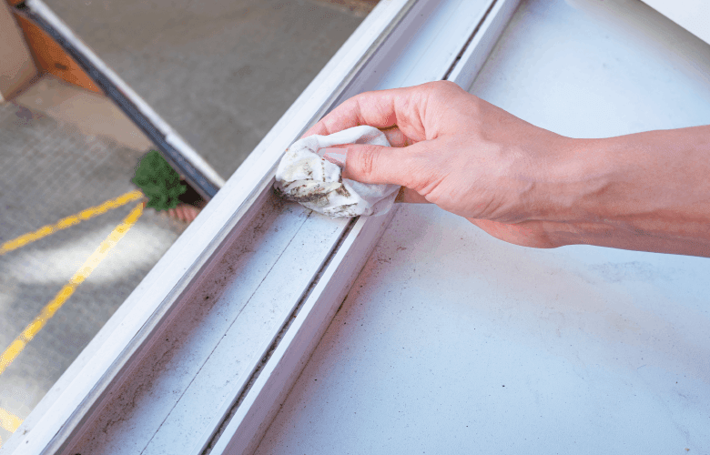 Een hand veegt vuil van raamkozijnen van PVC-ramen met een zakdoek.